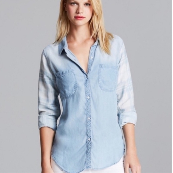 Rails Blue Vintage Wash Plaid Sleeve Chambray Button Down Top - Picture 1 of 12